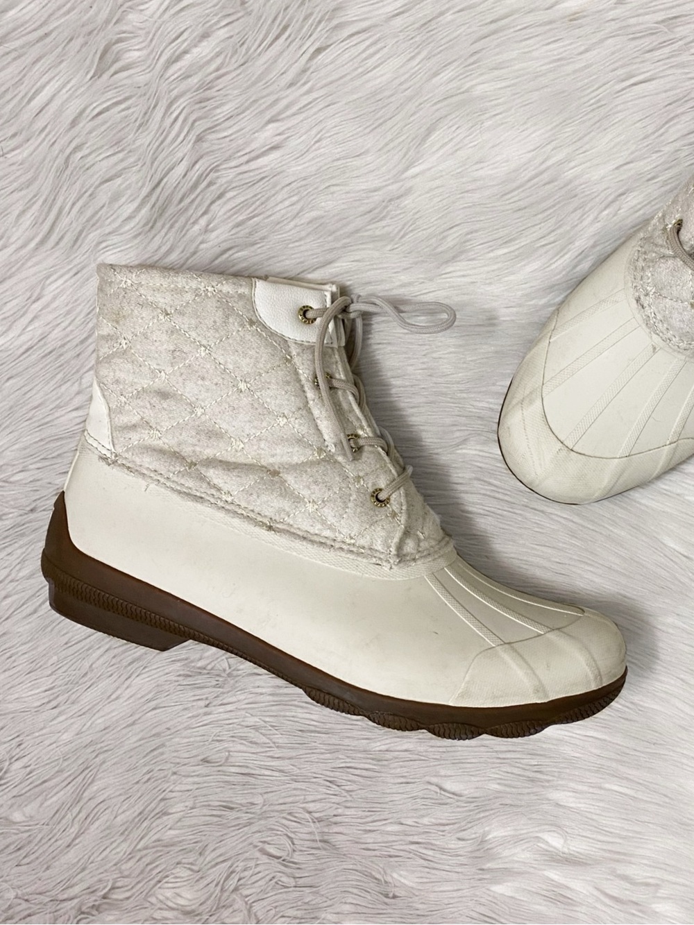 Sperry Syren Gulf Rain Boot Ivory White Quilted Wool Winter Duck Boots 12